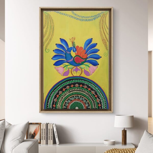 Peacock Harmony Mandala, a 40x60 cm freehand and mandala art on canvas by Krutika Jariwala, featuring a colorful peacock with intricate mandala patterns and floral motifs on a yellow background.