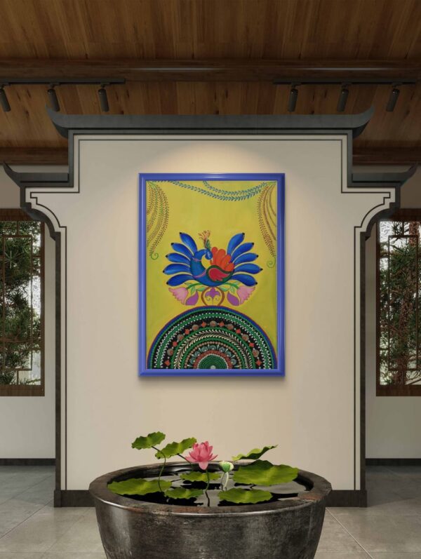 Peacock Harmony Mandala, a 40x60 cm freehand and mandala art on canvas by Krutika Jariwala, featuring a colorful peacock with intricate mandala patterns and floral motifs on a yellow background.