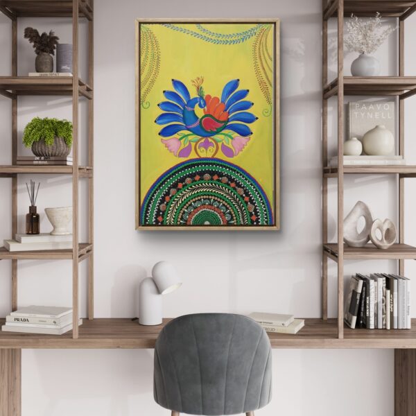 Peacock Harmony Mandala, a 40x60 cm freehand and mandala art on canvas by Krutika Jariwala, featuring a colorful peacock with intricate mandala patterns and floral motifs on a yellow background.