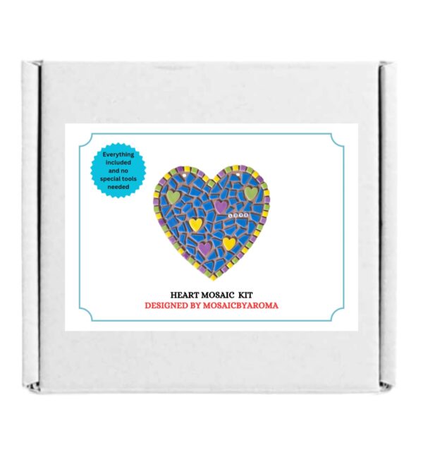 Packaging box for the Heart Mosaic Kit by Mosaicbyaroma, showing a colorful heart mosaic design on the front with a label indicating the kit includes everything needed for the project.