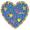 A colorful heart-shaped mosaic artwork with various small mosaic tiles in blue, green, purple, and yellow, featuring the word "LOVE" spelled out in the center. The border is decorated with small square tiles in green, yellow, and purple.