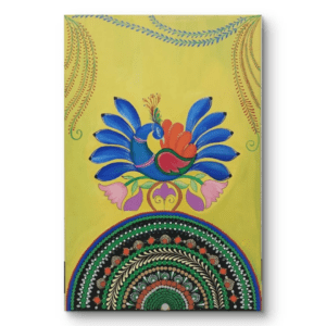 Peacock Harmony Mandala, a 40x60 cm freehand and mandala art on canvas by Krutika Jariwala, featuring a colorful peacock with intricate mandala patterns and floral motifs on a yellow background.