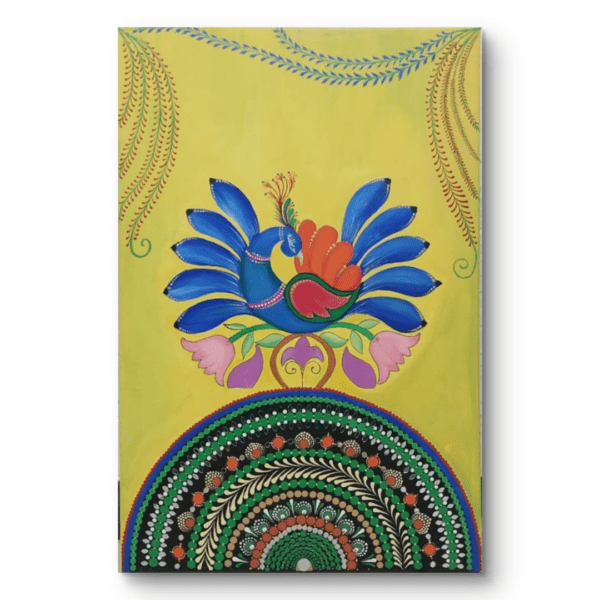 Peacock Harmony Mandala, a 40x60 cm freehand and mandala art on canvas by Krutika Jariwala, featuring a colorful peacock with intricate mandala patterns and floral motifs on a yellow background.