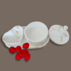 Four-piece gypsum set with a ribbed jar, heart-shaped container, and trinket tray, detailed with gold accents, ideal for décor and small storage.