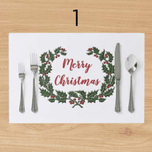 Christmas table mat with "Merry Christmas" text and holly wreath design.