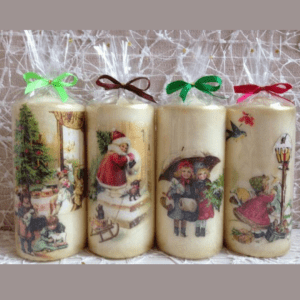 Vintage-inspired decoupage Christmas candles with various holiday scenes, wrapped in cellophane with festive ribbons.