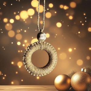 Handmade golden macrame Christmas ornament with a 2.25-inch ring diameter, featuring a sparkling design.