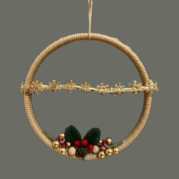 Handmade macrame Christmas decor with a 7.75-inch ring, golden snowflakes, and festive accents.