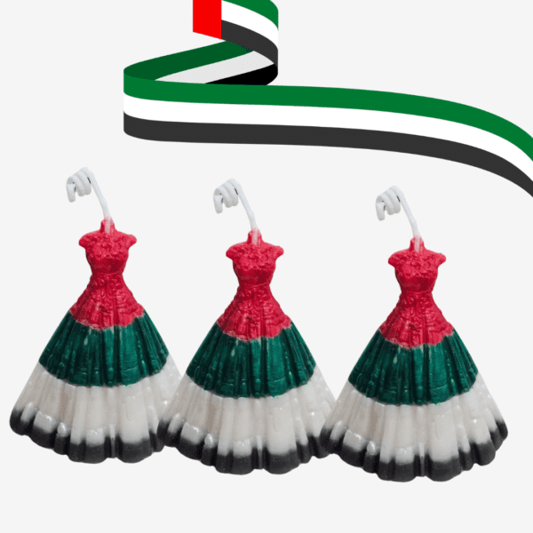 Dress-shaped soy-wax candle in UAE National Day colors, customizable for any festive theme.