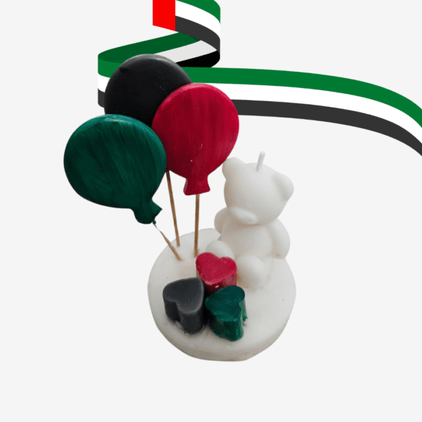 Bear-shaped soy wax candle with balloons and hearts in UAE flag colors, perfect for UAE National Day celebrations.