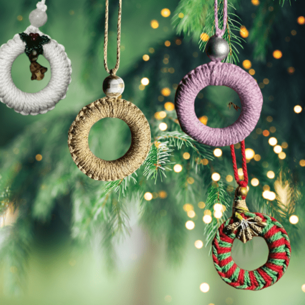 Set of 4 handmade macrame Christmas ornaments in white, golden, pink, and red & green designs, with a ring diameter of 2.25 inches.