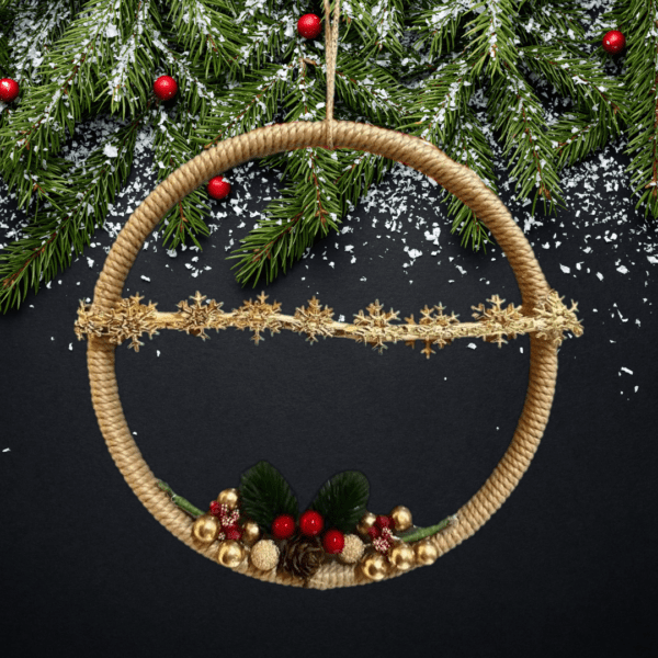 Handmade macrame Christmas decor with a 7.75-inch ring, golden snowflakes, and festive accents.