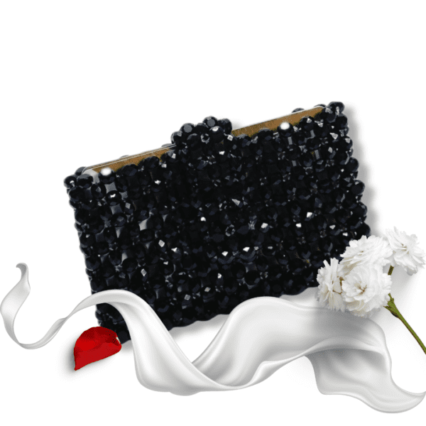 Black beaded credit card holder with snap closure, designed for stylish and secure card storage.