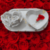 Gypsum rose and heart-shaped tray set, designed for passive diffusion with essential oils, perfect for small spaces.