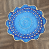 Handcrafted air-dry clay decorative plate with vibrant blue and gold mandala design, includes acrylic holder.