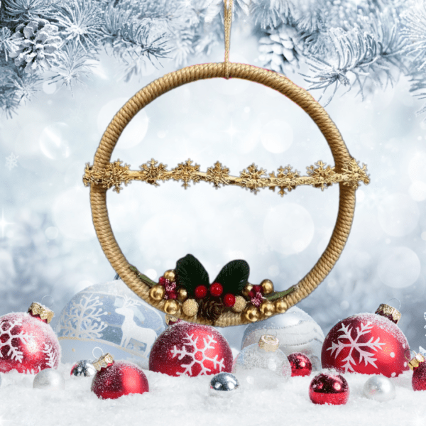 Handmade macrame Christmas decor with a 7.75-inch ring, golden snowflakes, and festive accents.