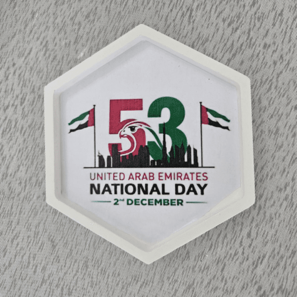 UAE National Day Celebration Set with bear and dress candles, decorative trays, and acrylic stand.