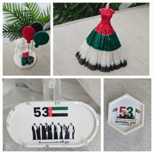 UAE National Day Celebration Set with bear and dress candles, decorative trays, and acrylic stand.