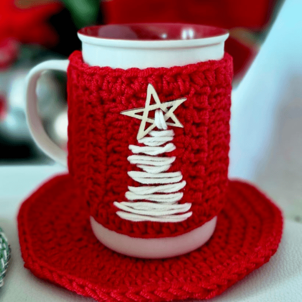 Handmade Blissful Brew Set featuring a crochet mug cover and matching coaster. Customizable colors include blue, red, green, and festive patterns. A perfect gift for tea and coffee lovers.