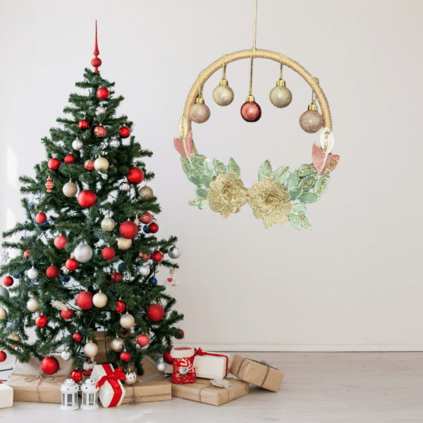 Handmade macrame Christmas decor with a 7.75-inch ring, golden snowflakes, and festive accents.