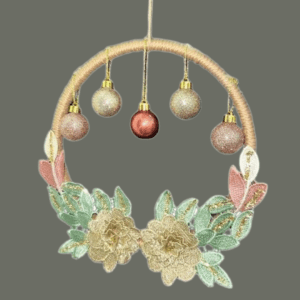 Handmade macrame Christmas decor with a 7.75-inch ring, golden snowflakes, and festive accents.