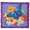 Handmade textile wall art titled Sweet Butterfly, featuring a vibrant blue butterfly and colorful flowers, size 20x20 inches.