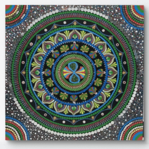 Eternal Symphony Mandala, a 60x60 cm handcrafted acrylic mandala art on canvas by Krutika Jariwala, featuring vibrant green, blue, and multicolored patterns.