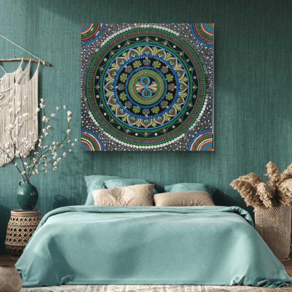 Eternal Symphony Mandala, a 60x60 cm handcrafted acrylic mandala art on canvas by Krutika Jariwala, featuring vibrant green, blue, and multicolored patterns.