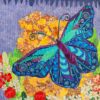 Handmade textile wall art titled Sweet Butterfly, featuring a vibrant blue butterfly and colorful flowers, size 20x20 inches.