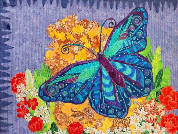 Handmade textile wall art titled Sweet Butterfly, featuring a vibrant blue butterfly and colorful flowers, size 20x20 inches.