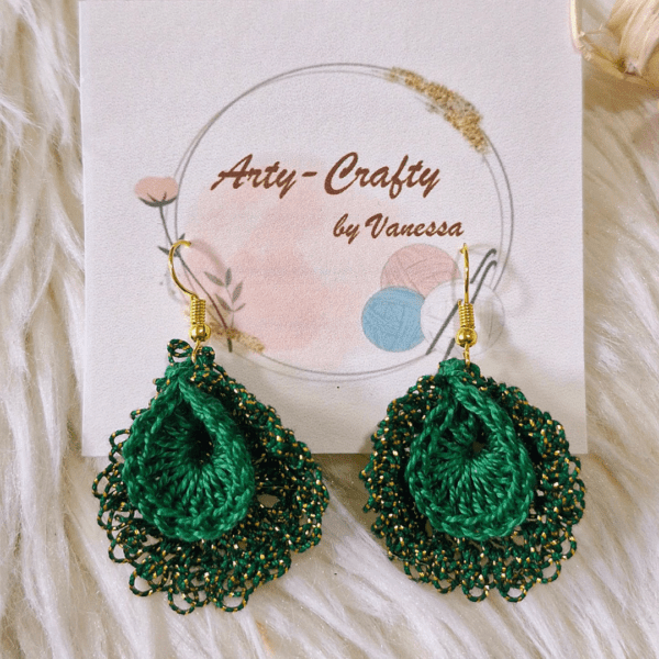 Handcrafted Celine Earrings in crochet design, available in red, green, and gold. Lightweight and elegant, perfect for casual and festive occasions.