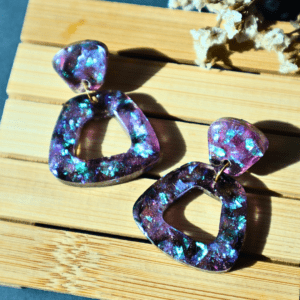 Handmade iridescent triangle resin earrings with dazzling flakes, 4.5 cm long, lightweight at 5g