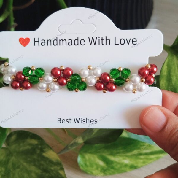 Handmade Christmas bracelet crafted with high-quality Japanese pearl beads in vibrant seasonal colors, ideal for festive outfits.