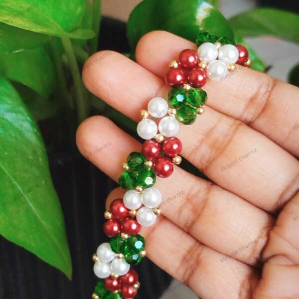 Handmade Christmas bracelet crafted with high-quality Japanese pearl beads in vibrant seasonal colors, ideal for festive outfits.