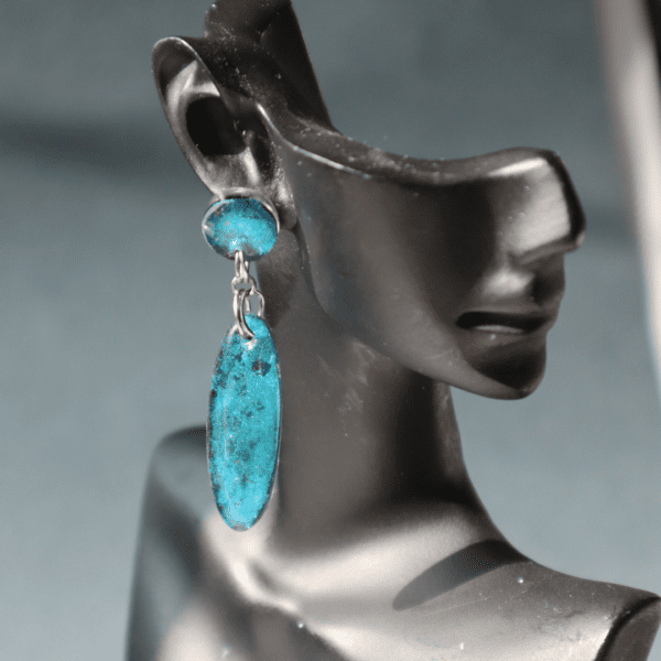 Handmade resin earrings with vibrant blue shimmer, 6 cm long, lightweight at 3-4g, with stainless steel studs