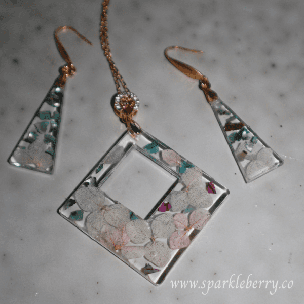 Timeless Blossom Resin Jewelry Set with a square pendant and tapered earrings, featuring pressed flowers encased in premium resin with hypoallergenic hooks.