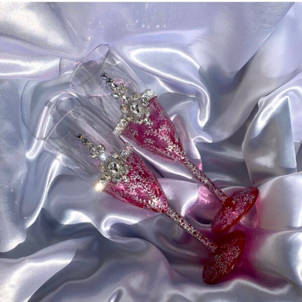 Exquisite Handmade Pink Wedding Glasses with Clear Rhinestones and Silver Detailing (2 glasses)