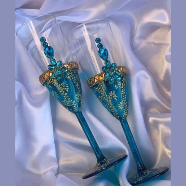 Dazzling Handmade Turquoise Wedding Glasses with Rhinestones and Gold Detailing (2 glasses)