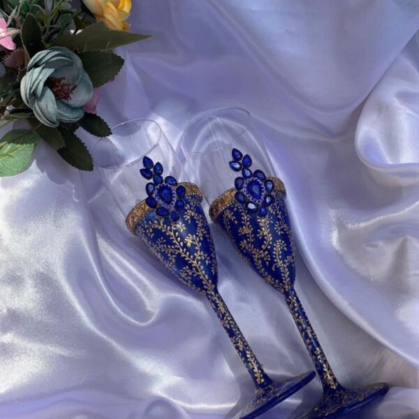 Exquisite Handmade Blue and Golden Wedding Glasses with Rhinestone Accents (2 glasses)