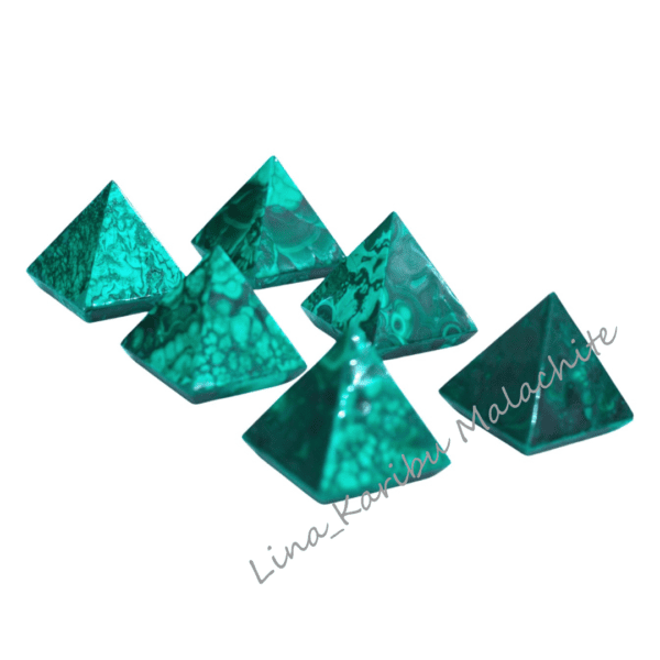 Handmade small malachite pyramids, each 163g, 5.5cm in length, with deep green natural swirls. Energy stone and luxury decor from the Democratic Republic of the Congo. Each sold separately