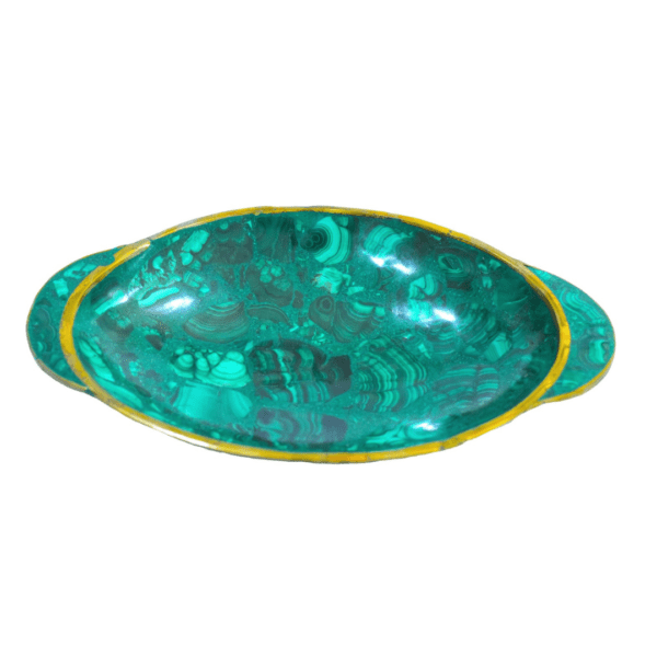 Handmade malachite plate, 625g, 3.5cm width, deep green with natural banding. Luxury home and office decor piece, crafted in the Democratic Republic of the Congo.