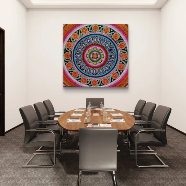 Mandala artwork enhancing the ambiance of a professional boardroom with its intricate design.