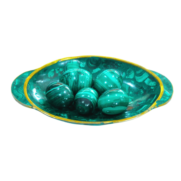 Handmade malachite plate, 625g, 3.5cm width, deep green with natural banding. Luxury home and office decor piece, crafted in the Democratic Republic of the Congo.