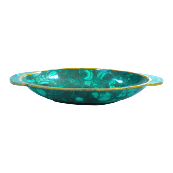 Handmade malachite plate, 625g, 3.5cm width, deep green with natural banding. Luxury home and office decor piece, crafted in the Democratic Republic of the Congo.