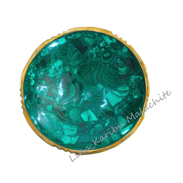 Handmade malachite bowl with brass rim, 225g, 11cm width, deep green with natural banding. Luxury decor piece crafted in the Democratic Republic of the Congo.