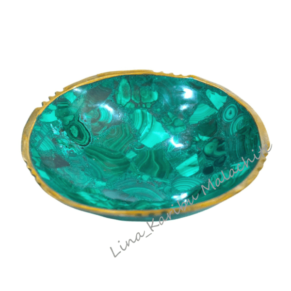 Handmade malachite bowl with brass rim, 225g, 11cm width, deep green with natural banding. Luxury decor piece crafted in the Democratic Republic of the Congo.