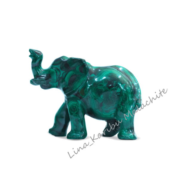 Handmade malachite elephant sculpture, 340g, 11cm width, 7.5cm length, deep green with natural banding. Symbol of power and strength from the Democratic Republic of the Congo.