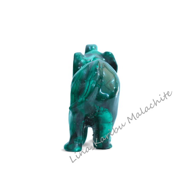 Handmade malachite elephant sculpture, 340g, 11cm width, 7.5cm length, deep green with natural banding. Symbol of power and strength from the Democratic Republic of the Congo.