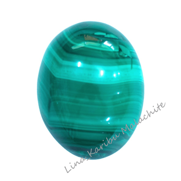 Polished handmade malachite eggs, 204g, deep green with natural swirls. Symbol of fertility and prosperity, crafted in the Democratic Republic of the Congo. Plate not included.