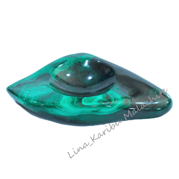 Handmade malachite ashtray, polished green with natural banded patterns, 500.9g. Luxury gift, souvenir, and unique decor item, crafted in the Democratic Republic of the Congo.